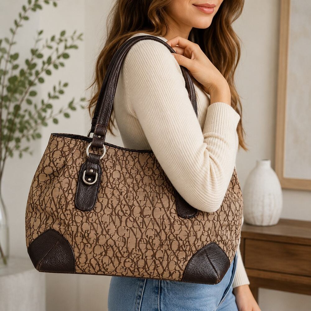 New York & Company Tan Brown Monogram Print Shoulder Tote Bag Purse